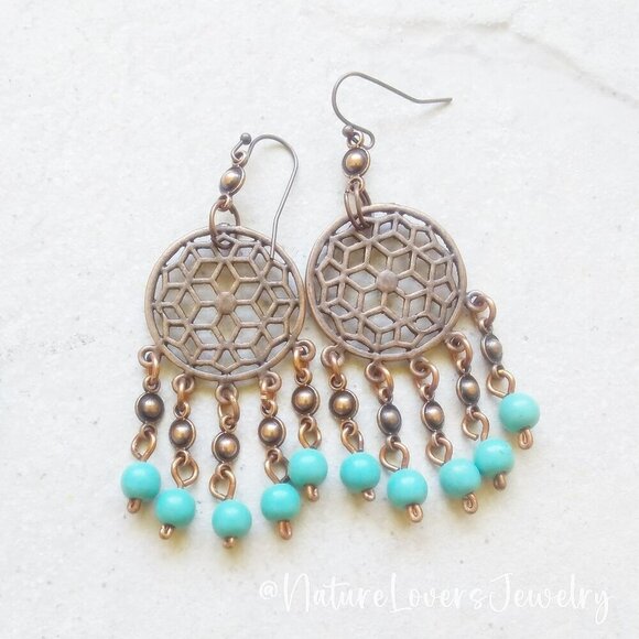 Copper Dreamcatcher Chandelier Earrings + Turquoise Howlite! Southwest Vibes - Picture 1 of 8